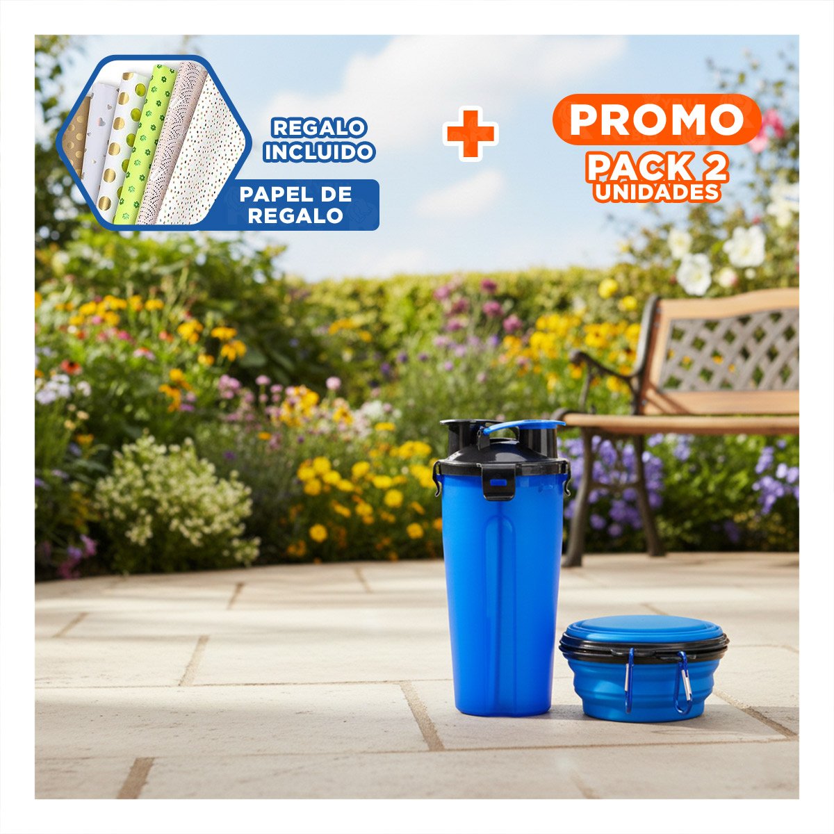 PACK2 RECIPIENTE COMPACTO PARA AGUA Y COMIDA AZUL Y+PAPEL REGALO - 1