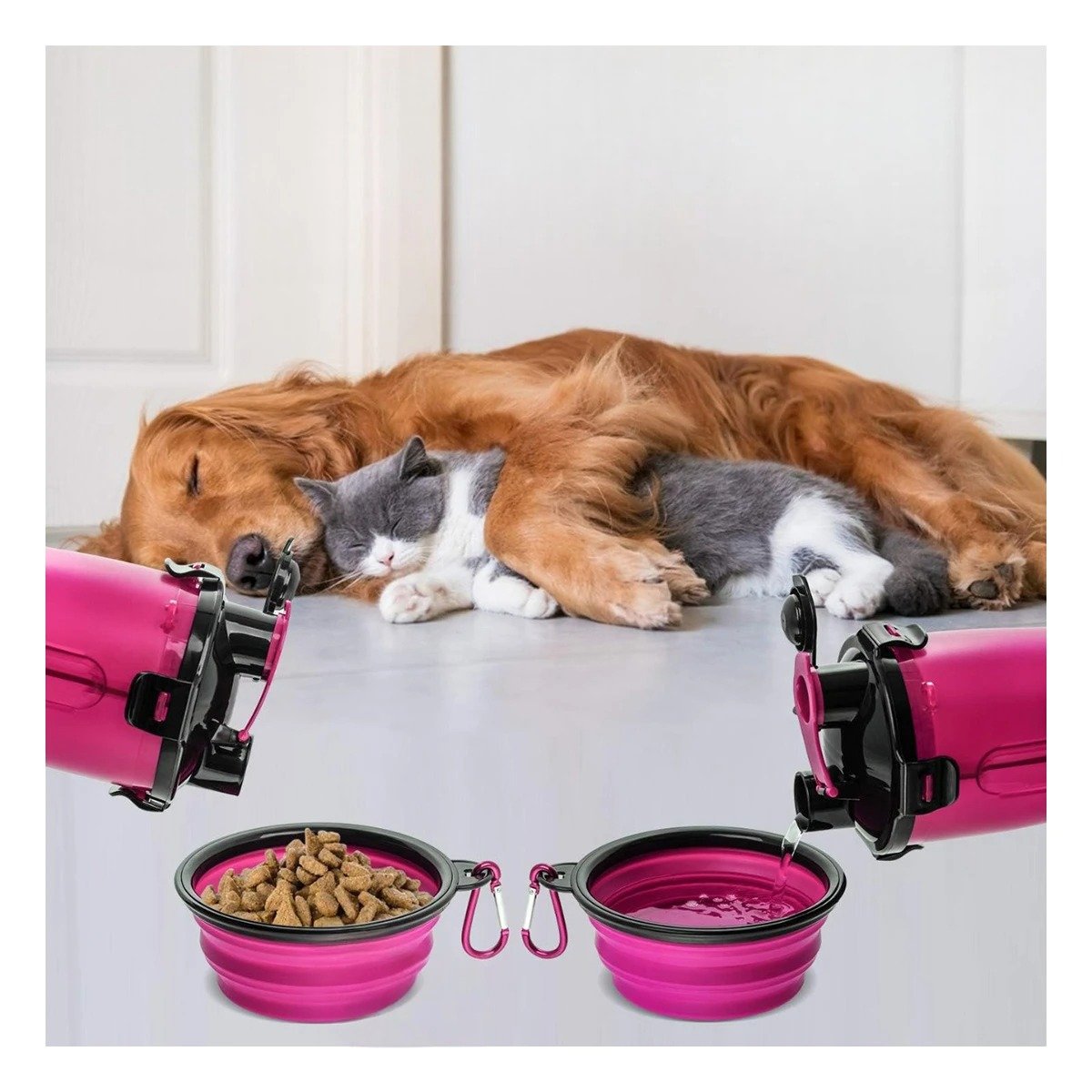 PACK2 RECIPIENTE DOBLE USO PARA MASCOTA CON PLATO ROSADO - 2