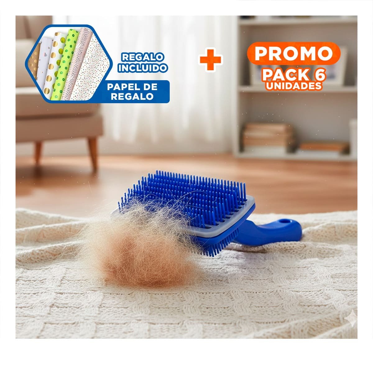 PACK6 PEINADOR DE CUIDADO PARA ANIMALES CON BOTON DE AUTOLIMPIEZA PLASTICO AZUL Y+PAPEL REGALO - 1