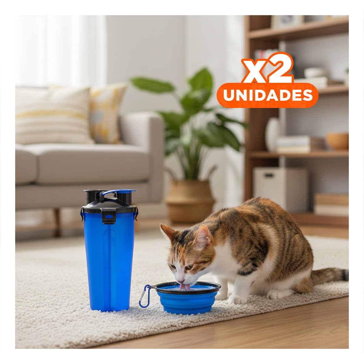 PACK2 RECIPIENTE PRACTICO CON PLATO PLEGABLE PARA MASCOTA AZUL Y+REGALO STICKER - 1
