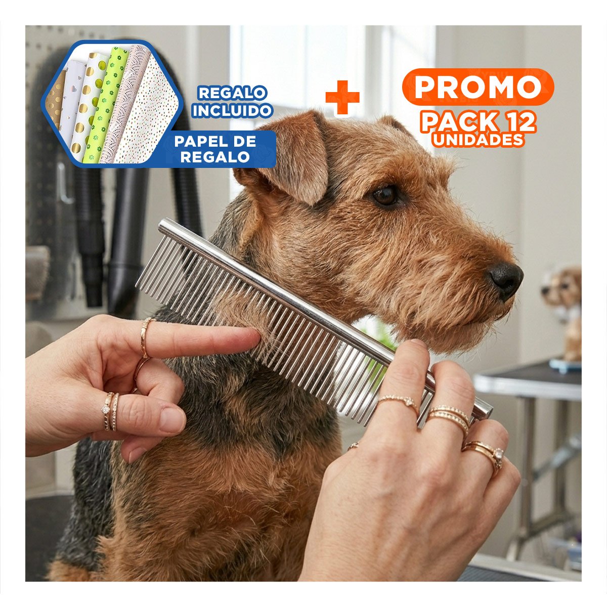 PACK12 UTENSILIO PROFESIONAL PARA GROOMING DE MASCOTA PLATEADO Y+PAPEL REGALO - 1