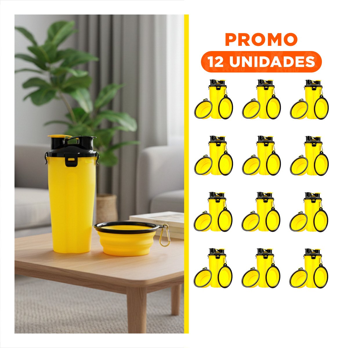 PACK12 PLATO DE VIAJE PARA MASCOTA CON SISTEMA 2 EN 1 AMARILLO Y+REGALO STICKER - 1