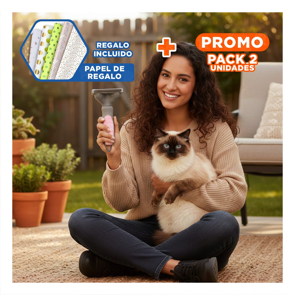 PACK2 HERRAMIENTA COMPACTA PARA MASCOTA ROSADO QUITA PELAJE Y+PAPEL REGALO - 1