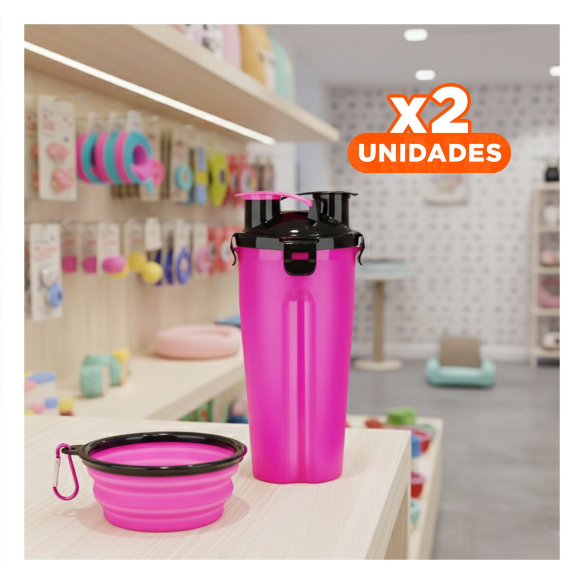 PACK2 RECIPIENTE PRACTICO CON PLATO PLEGABLE PARA MASCOTA ROSADO Y+REGALO STICKER - 1