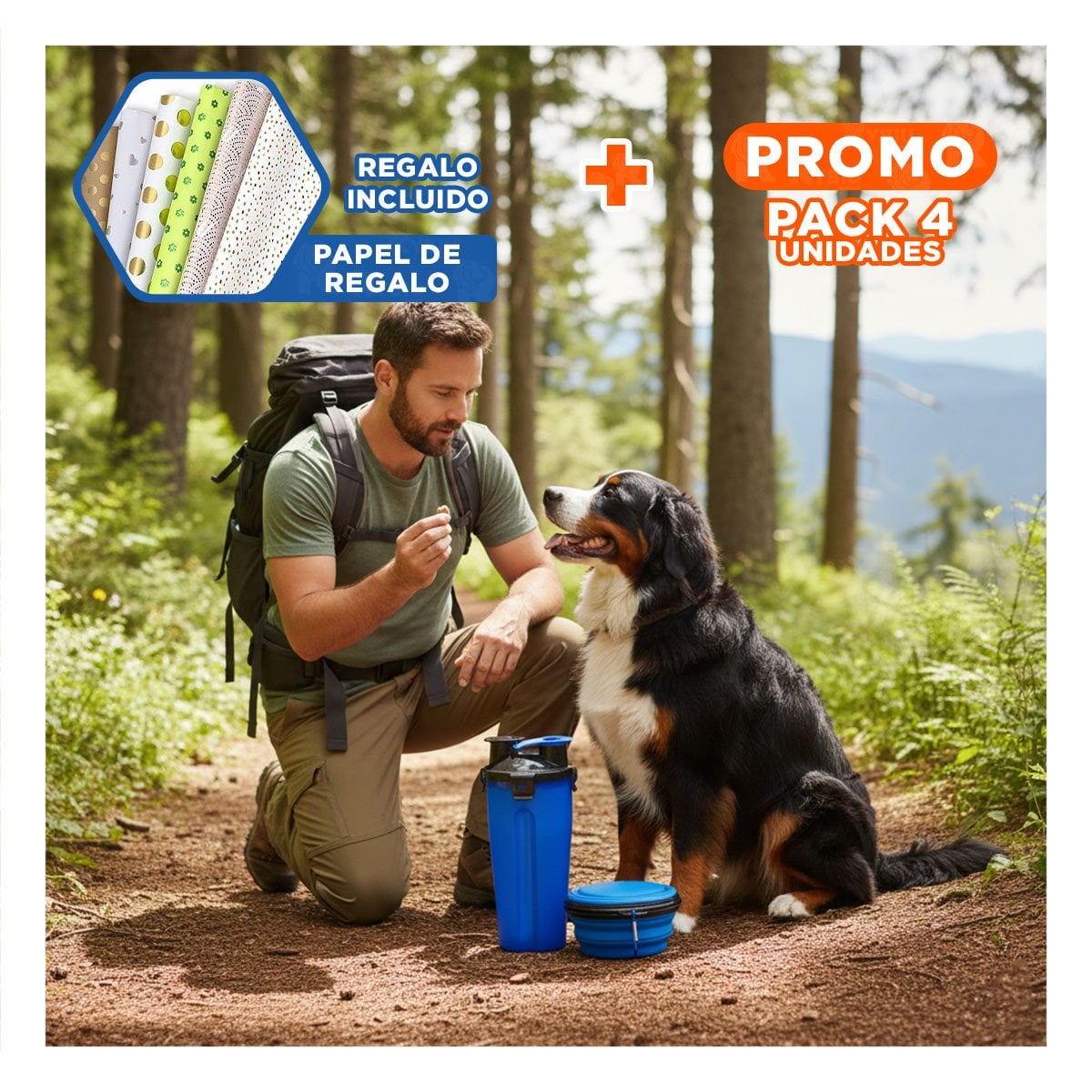 PACK4 CONTENEDOR CON PLATO PLEGABLE INTEGRADO PARA MASCOTA AZUL Y+PAPEL REGALO - 1