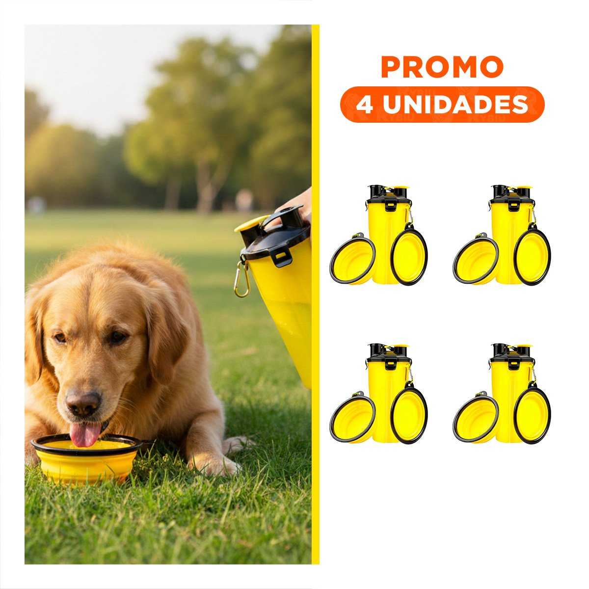 PACK4 CONTENEDOR CON PLATO PLEGABLE INTEGRADO PARA MASCOTA AMARILLO Y+REGALO STICKER - 1