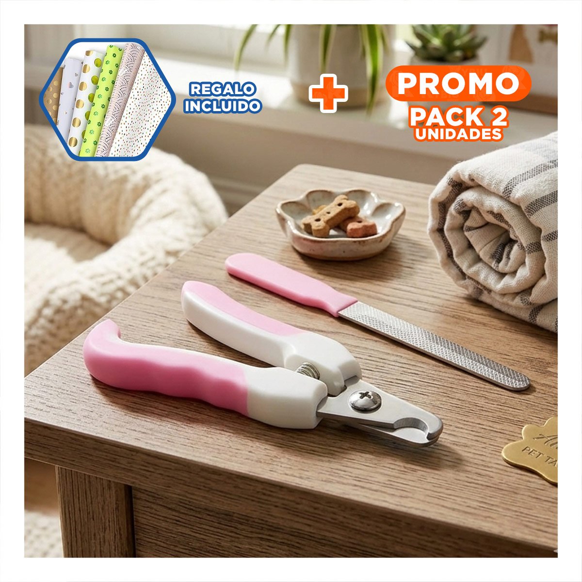 PACK2 CORTA UÑAS PET ROSADO GRANDE DE TACTO SUAVE PARA SUS MANOS Y+PAPEL REGALO - 1