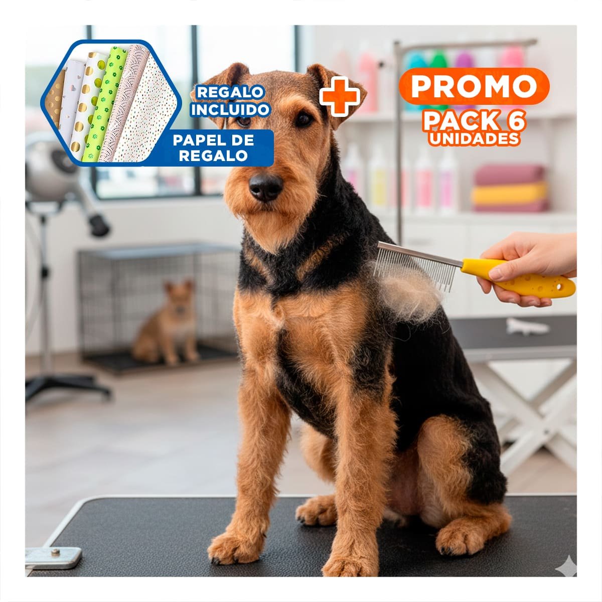 PACK6 PEINE DE PELO PORTATIL PARA MASCOTAS CON MANGO AMARILLO Y+PAPEL REGALO - 1