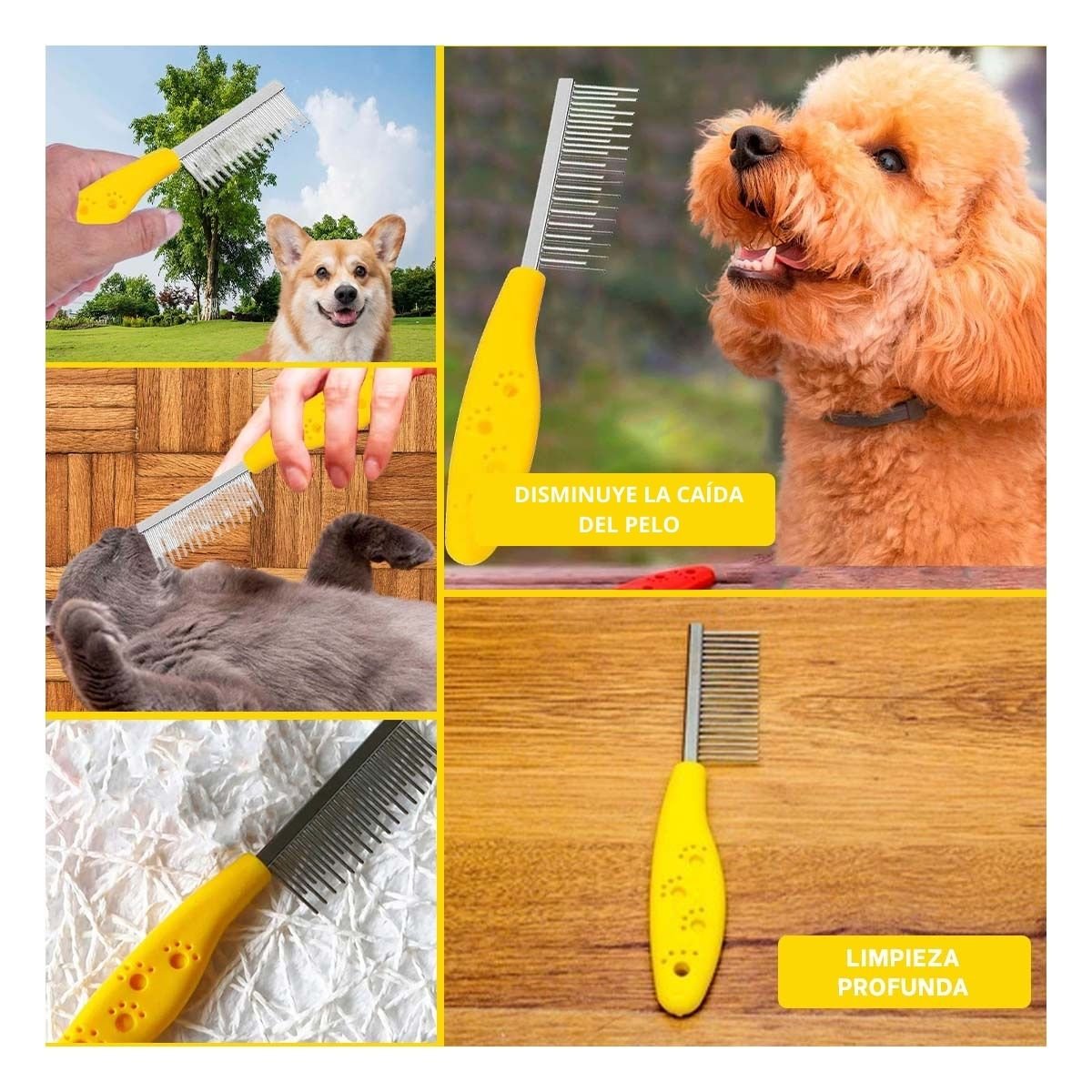 PACK6 PEINE DE PELO PORTATIL PARA MASCOTAS CON MANGO AMARILLO Y+PAPEL REGALO - 3