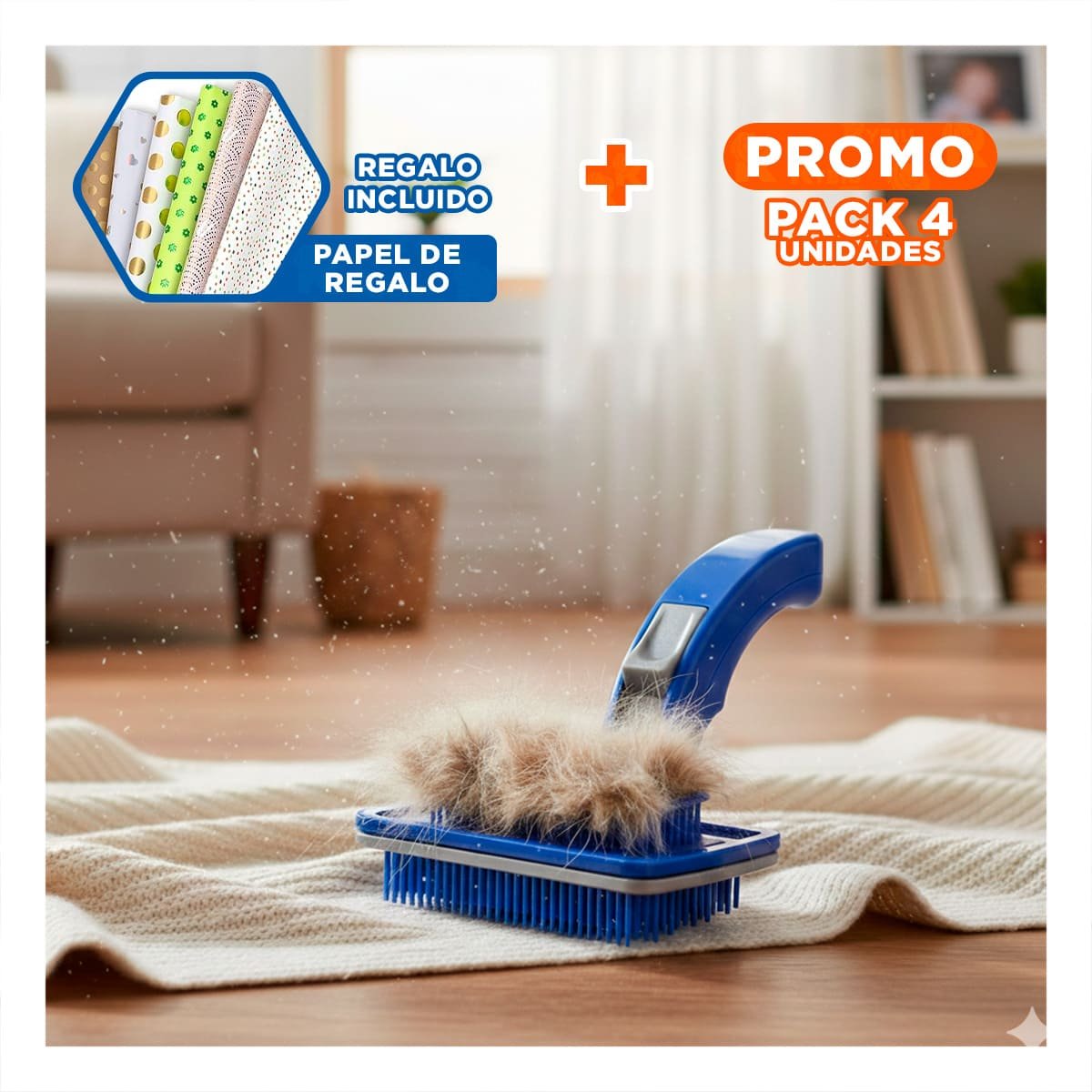 PACK4 PEINADOR DE PELO PARA MASCOTAS CON BOTON DE AUTOLIMPIEZA PLASTICO AZUL Y+PAPEL REGALO - 1