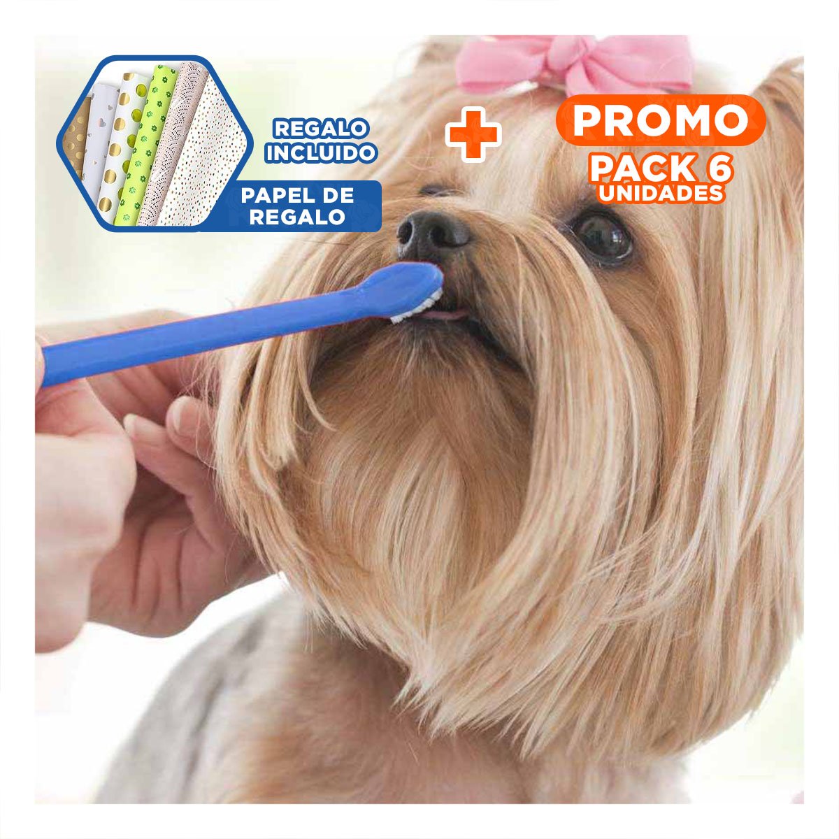 PACK6 EQUIPO PARA MASCOTAS 3 CEPILLOS USO DIARIO COMODO Y+PAPEL REGALO - 1