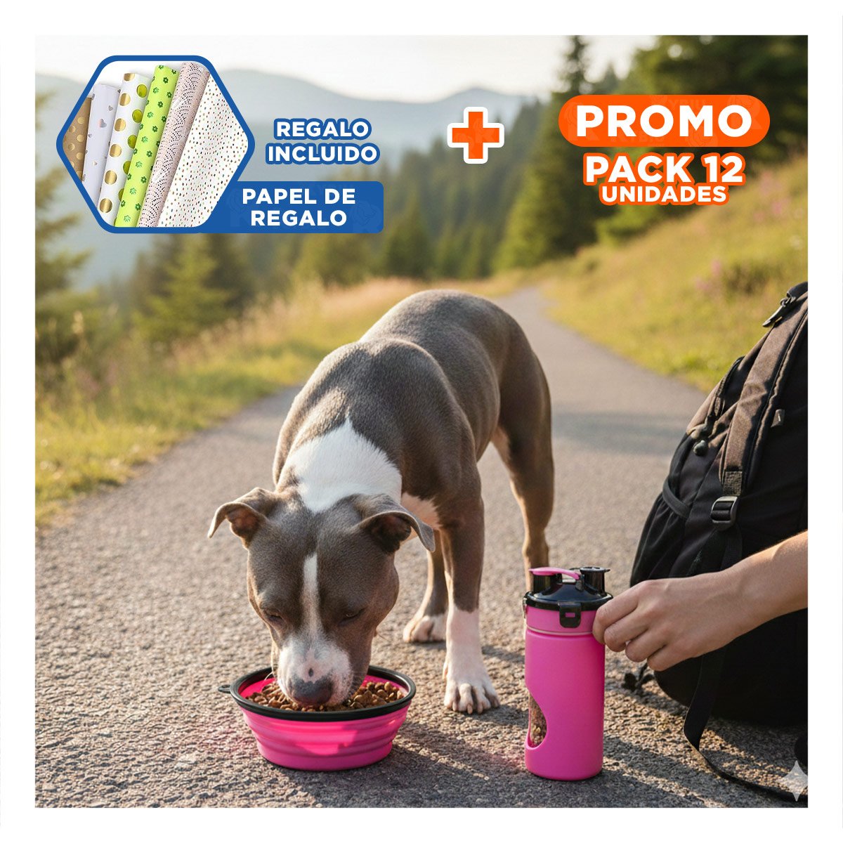 PACK12 PLATO PLEGABLE CON COMEDERO Y BEBEDERO ROSADO Y+PAPEL REGALO - 1