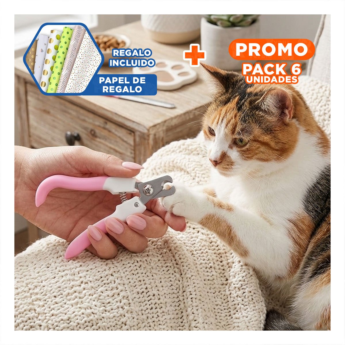 PACK6 HERRAMIENTA DE GROOMING CON TOPE ROSADO GRANDE PARA MAS SEGURIDAD Y+PAPEL REGALO - 1