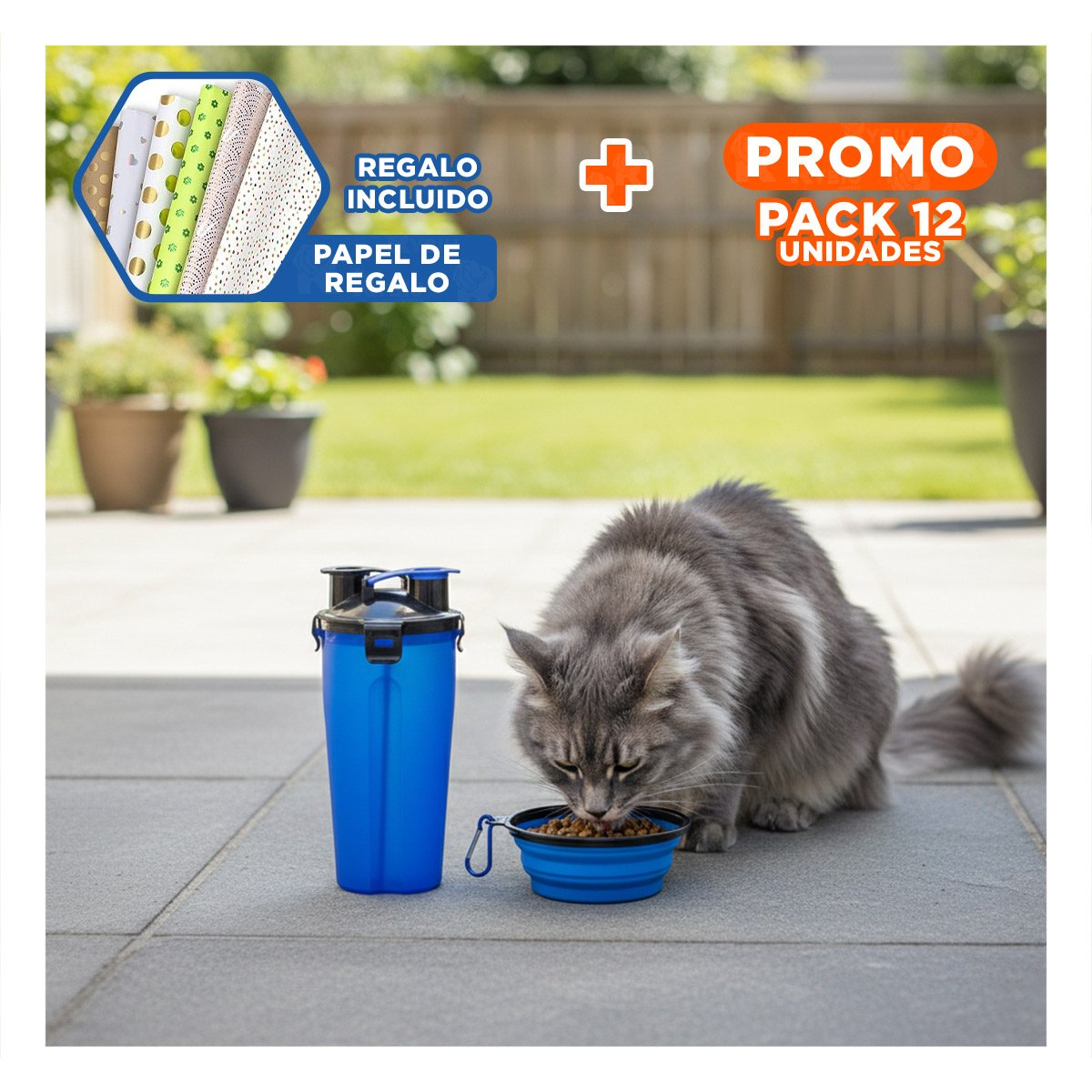 PACK12 PLATO PLEGABLE CON COMEDERO Y BEBEDERO AZUL Y+PAPEL REGALO - 1