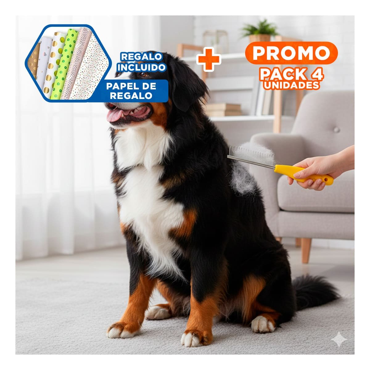 PACK4 PEINE DE PELO SUAVE CON MANGO Y DIENTES DE DOS TAMANOS AMARILLO Y+PAPEL REGALO - 1