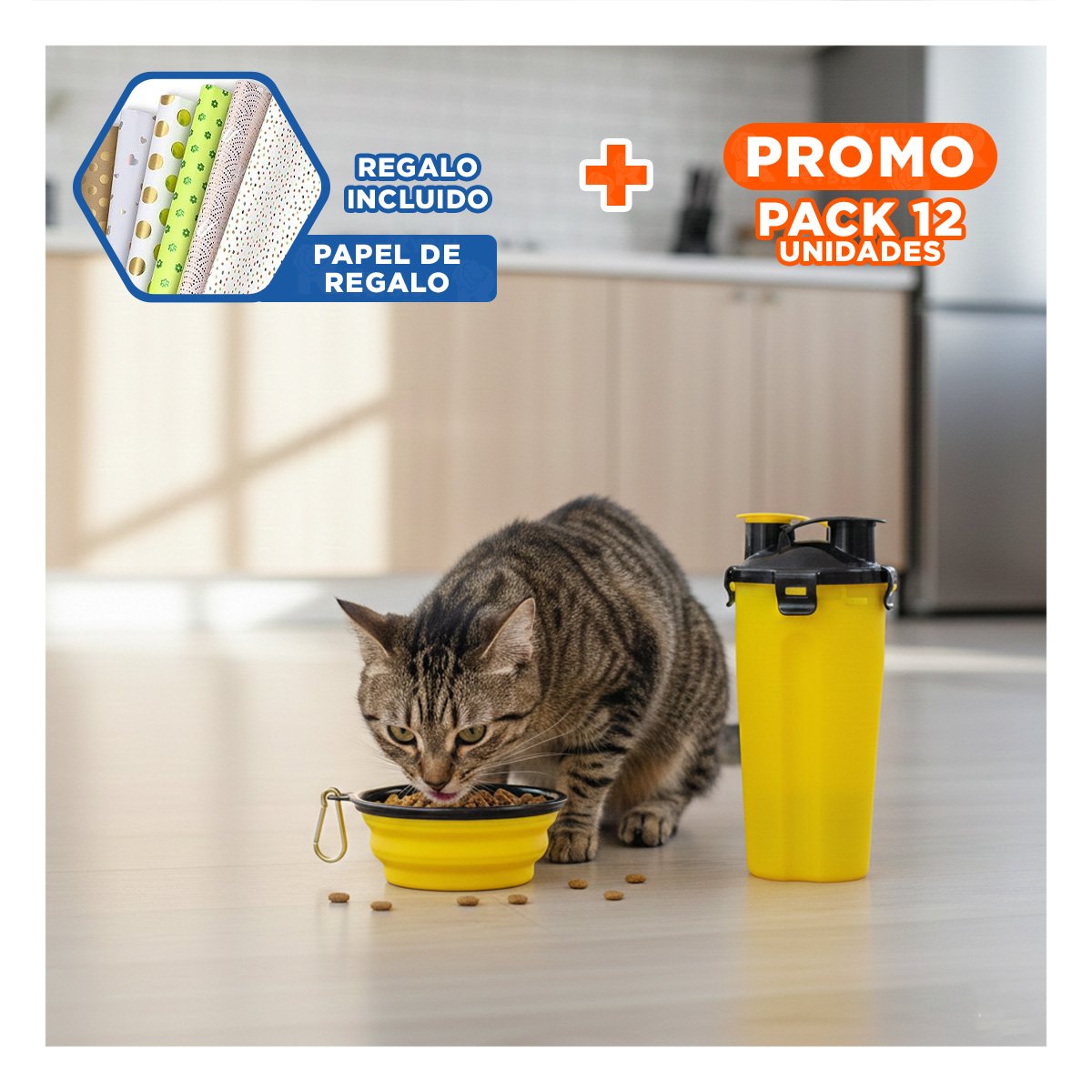 PACK12 PLATO PLEGABLE CON COMEDERO Y BEBEDERO AMARILLO Y+PAPEL REGALO - 1