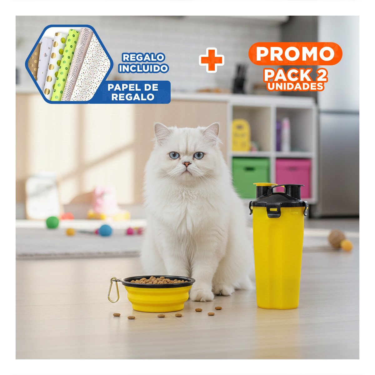 PACK2 RECIPIENTE COMPACTO PARA AGUA Y COMIDA AMARILLO Y+PAPEL REGALO - 1