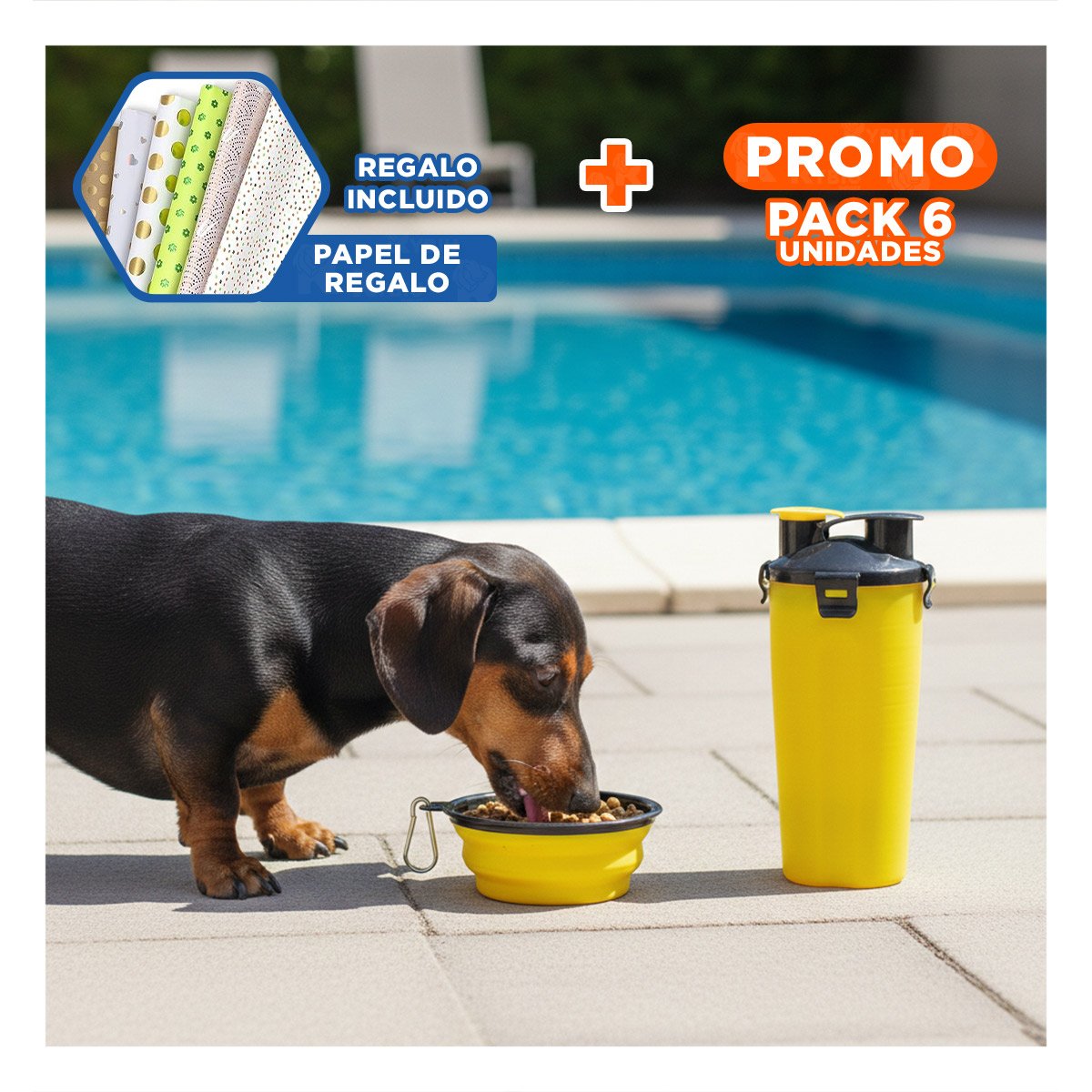 PACK6 CONTENEDOR COMPACTO CON COMEDERO Y PLATO AMARILLO Y+PAPEL REGALO - 1