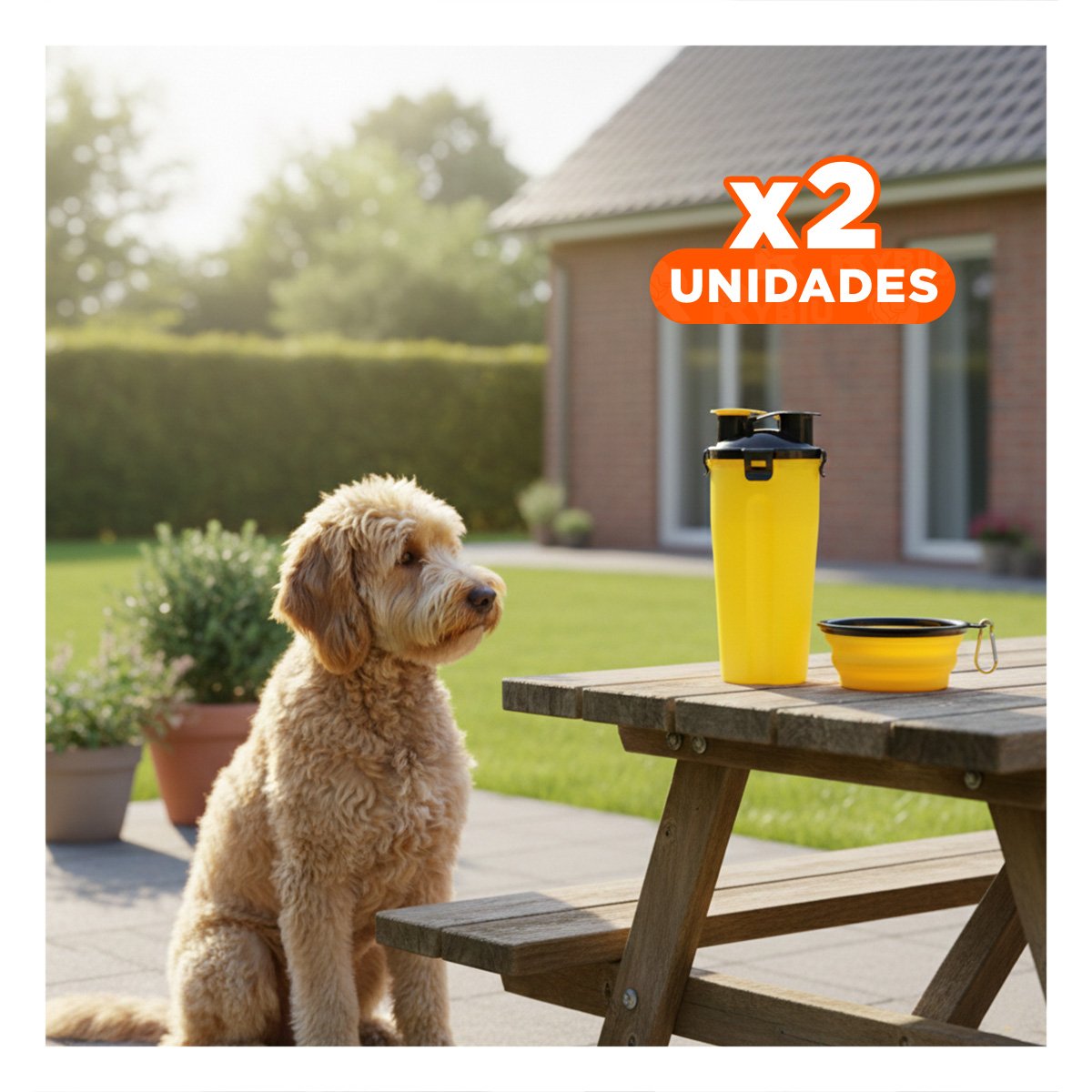 PACK2 RECIPIENTE PRACTICO CON PLATO PLEGABLE PARA MASCOTA AMARILLO Y+REGALO STICKER - 1