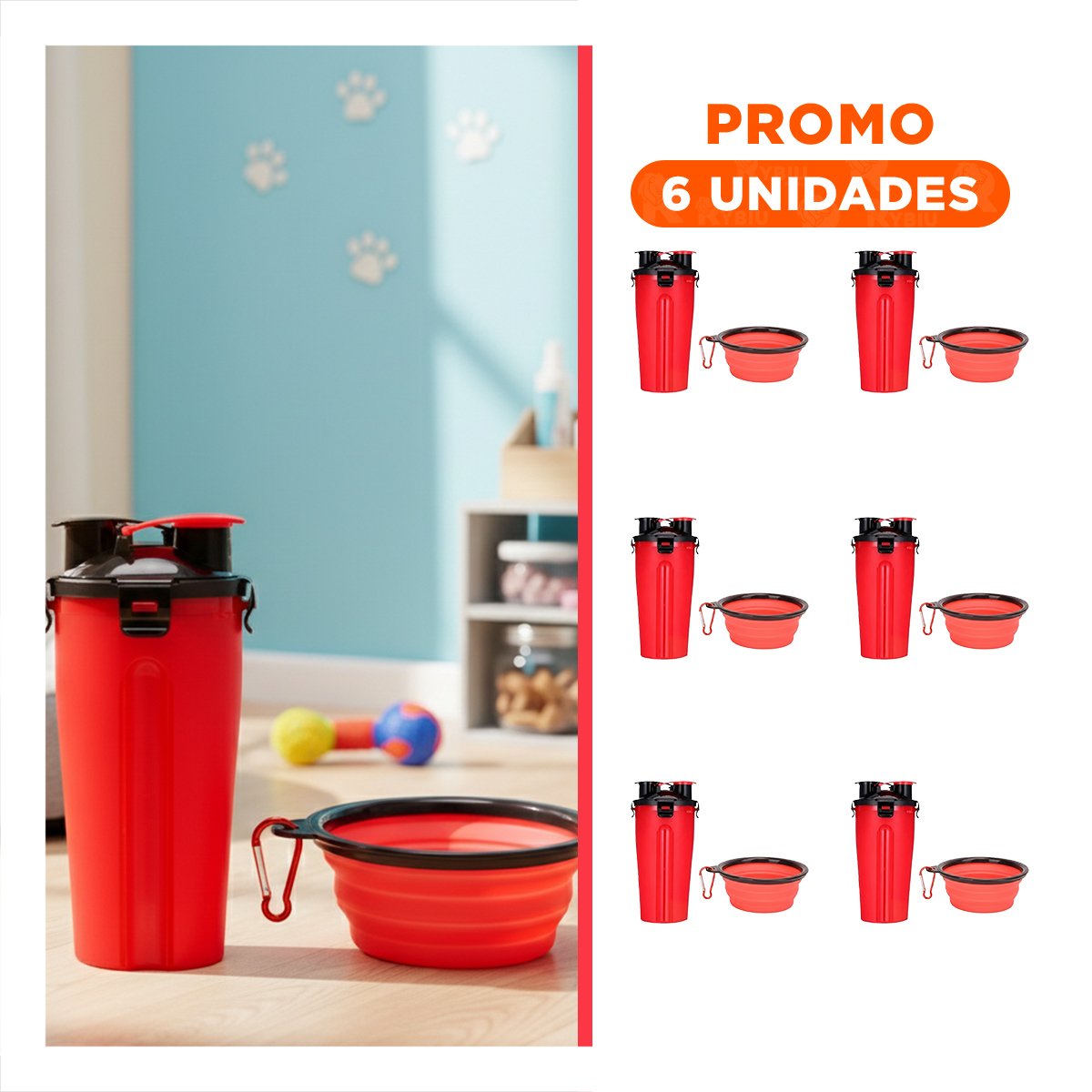 PACK6 ACCESORIO PORTATIL PARA ALIMENTACION DE MASCOTA ROJO - 1