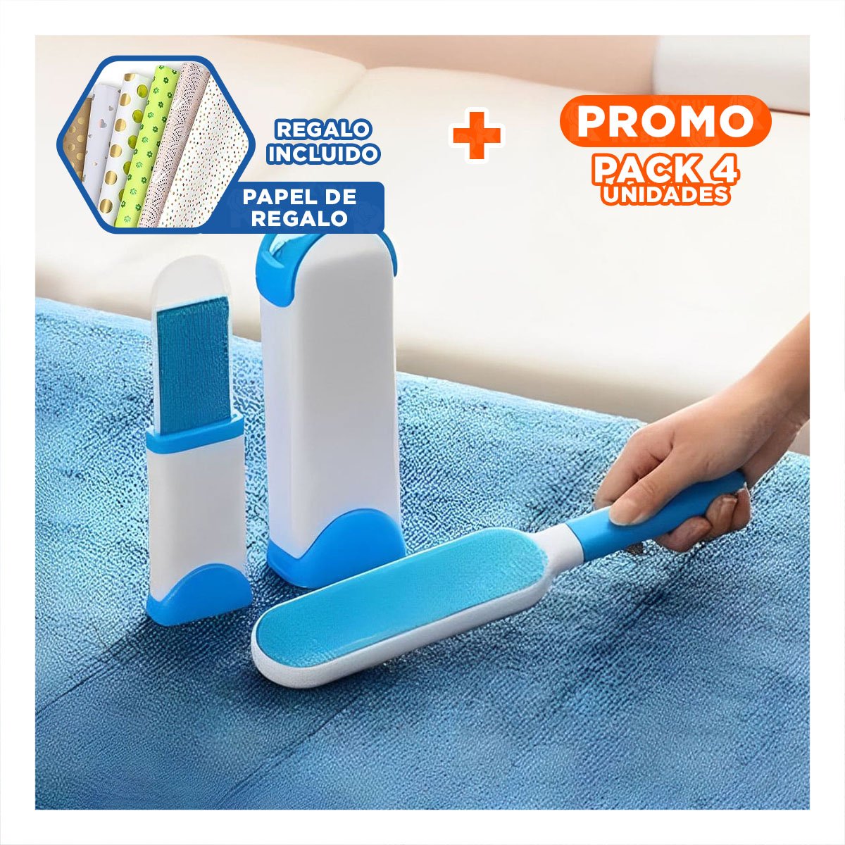 PACK4 ACCESORIO ELIMINADOR DE PELUSA CELESTE FACIL DE MANEJAR EN ROPA Y+PAPEL REGALO - 1