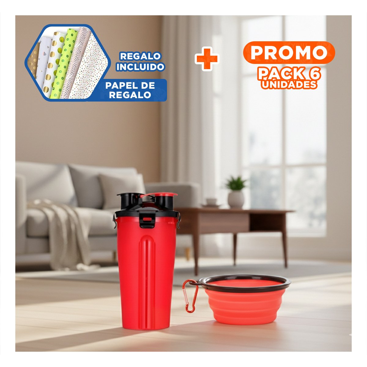 PACK6 ACCESORIO CON PLATO PLEGABLE Y BEBEDERO ROJO Y+PAPEL REGALO - 1