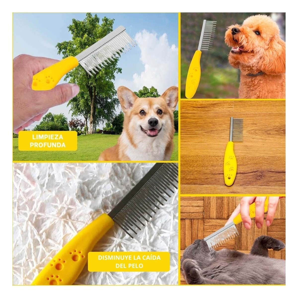 PACK4 PEINE DE PELO COMPACTO PARA MASCOTAS CON MANGO AMARILLO Y+REGALO STICKER - 2