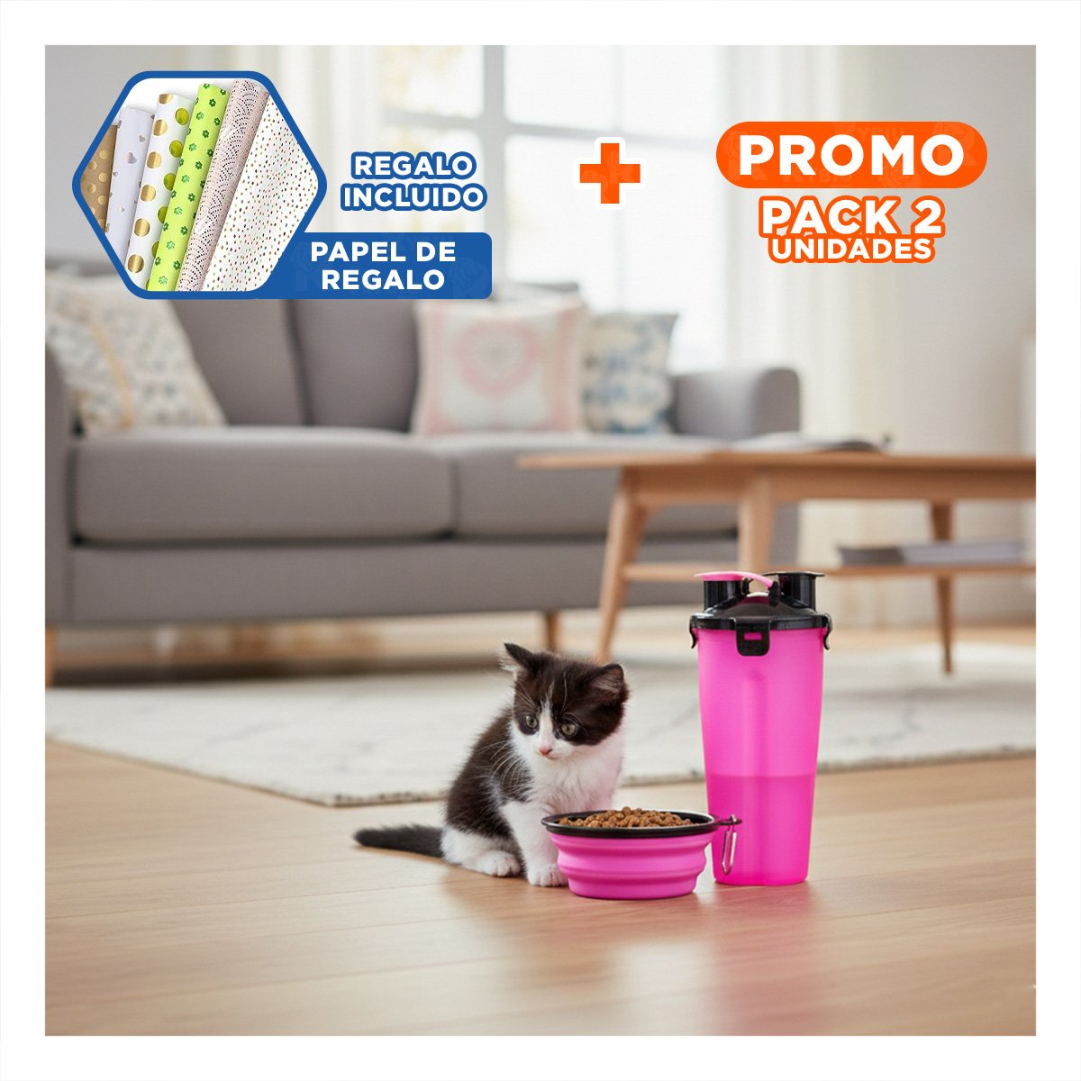 PACK2 RECIPIENTE COMPACTO PARA AGUA Y COMIDA ROSADO Y+PAPEL REGALO - 1