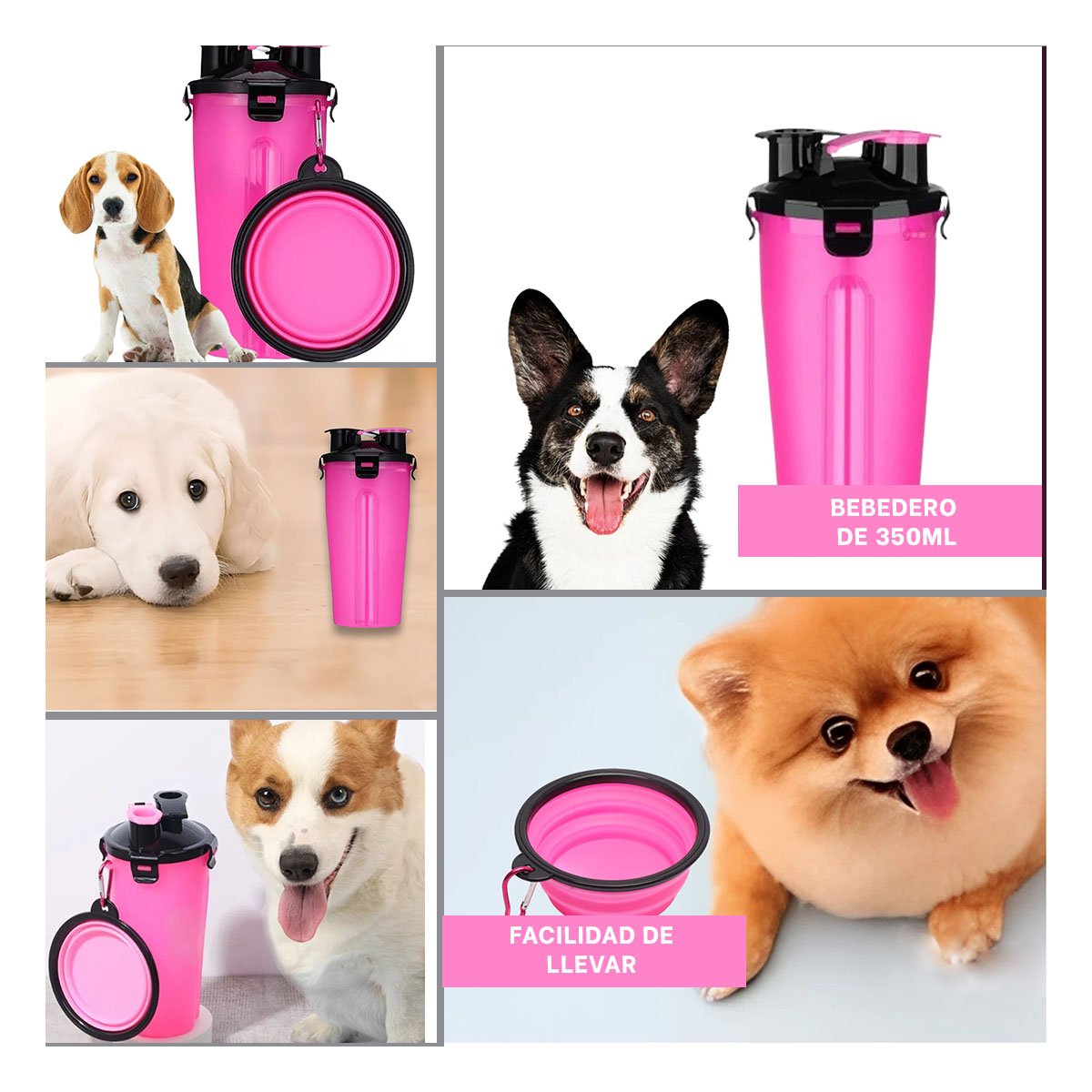 PACK2 RECIPIENTE COMPACTO PARA AGUA Y COMIDA ROSADO Y+PAPEL REGALO - 3