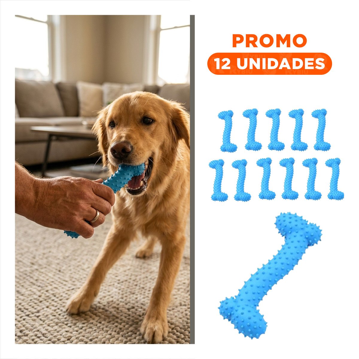 PACK12 APARATO DE JUEGO DE GOMA MASTICADOR EN FORMA DE HUESO CELESTE SEGURO Y+REGALO STICKER - 1
