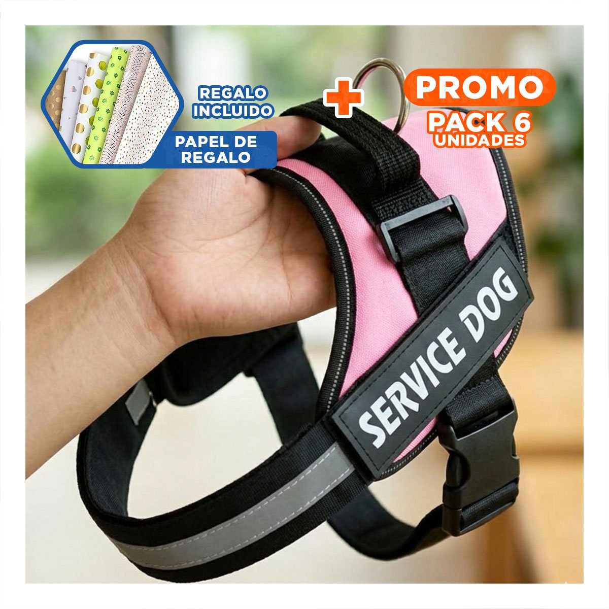PACK6 PECHERA RESISTENTE SERVICE DOG TALLA XL ROSADO ENTRENAMIENTO Y+PAPEL REGALO - 1