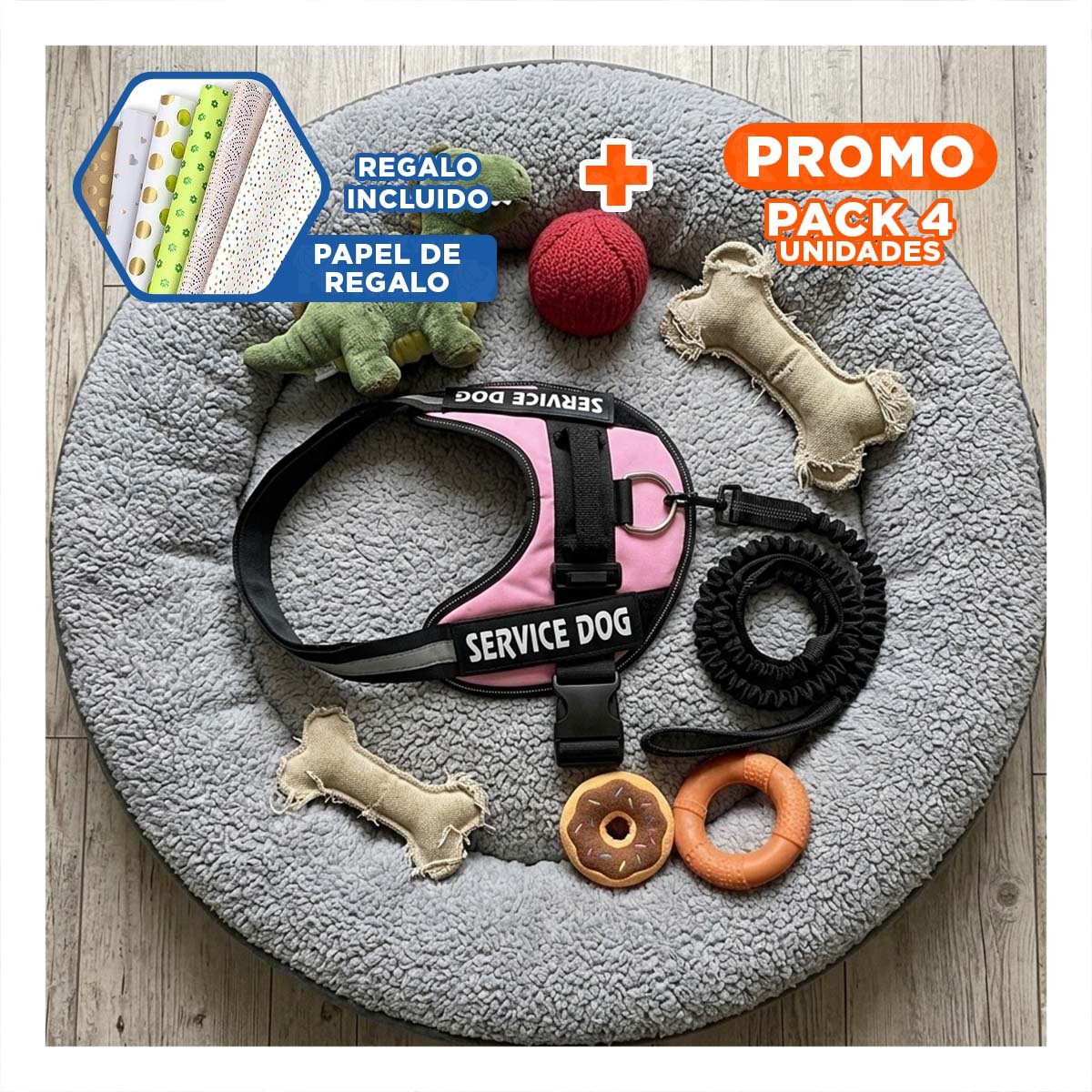 PACK4 CORREA DE TRABAJO SERVICE DOG TALLA XL ROSADO PARA PERRO FUERTE Y+PAPEL REGALO - 1