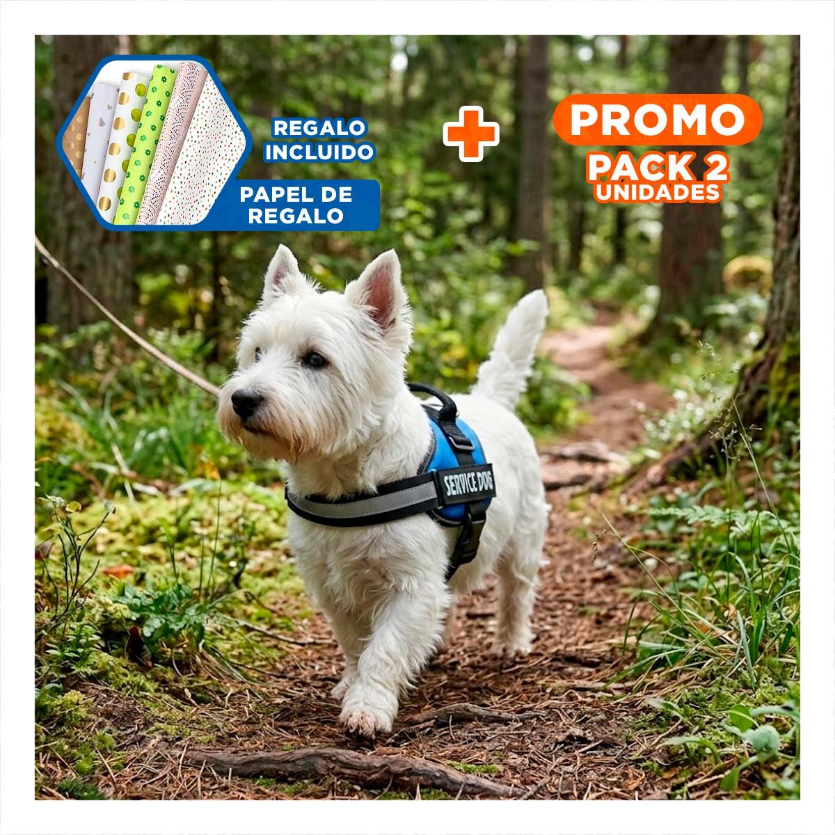PACK2 CHALECO CANINO SERVICE DOG TALLA S AZUL PARA MASCOTA DE APOYO Y+PAPEL REGALO - 1