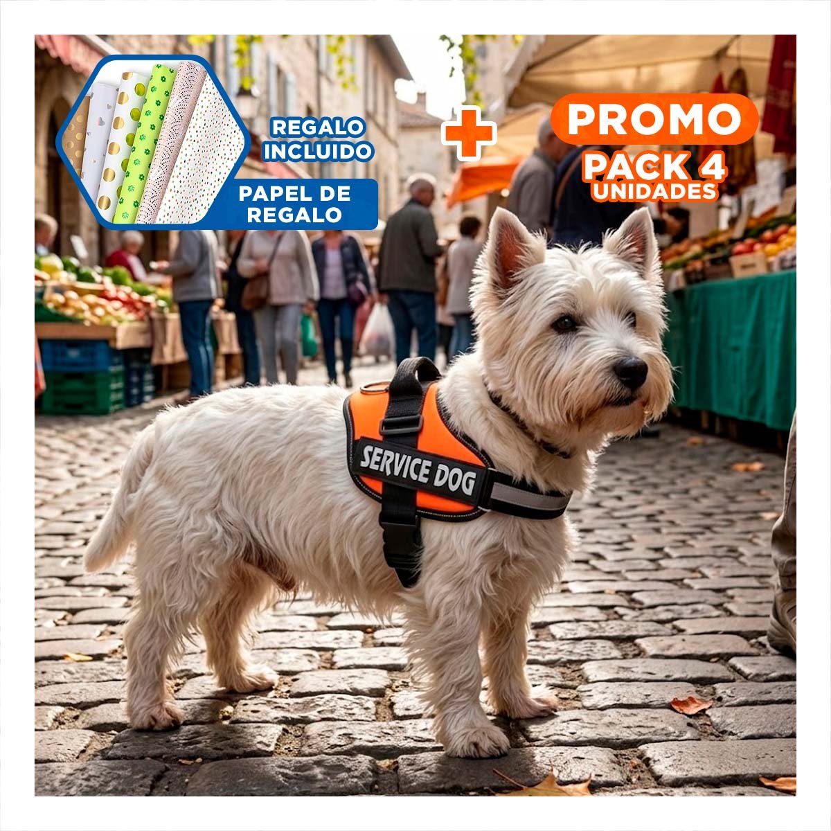 PACK4 EQUIPO AJUSTABLE SERVICE DOG TALLA S ANARANJADO MASCOTA ACTIVA Y+PAPEL REGALO - 1