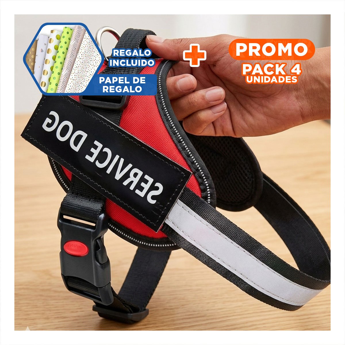 PACK4 CHALECO REFORZADO SERVICE DOG TALLA XL ROJO TRABAJO DIARIO Y+PAPEL REGALO - 1