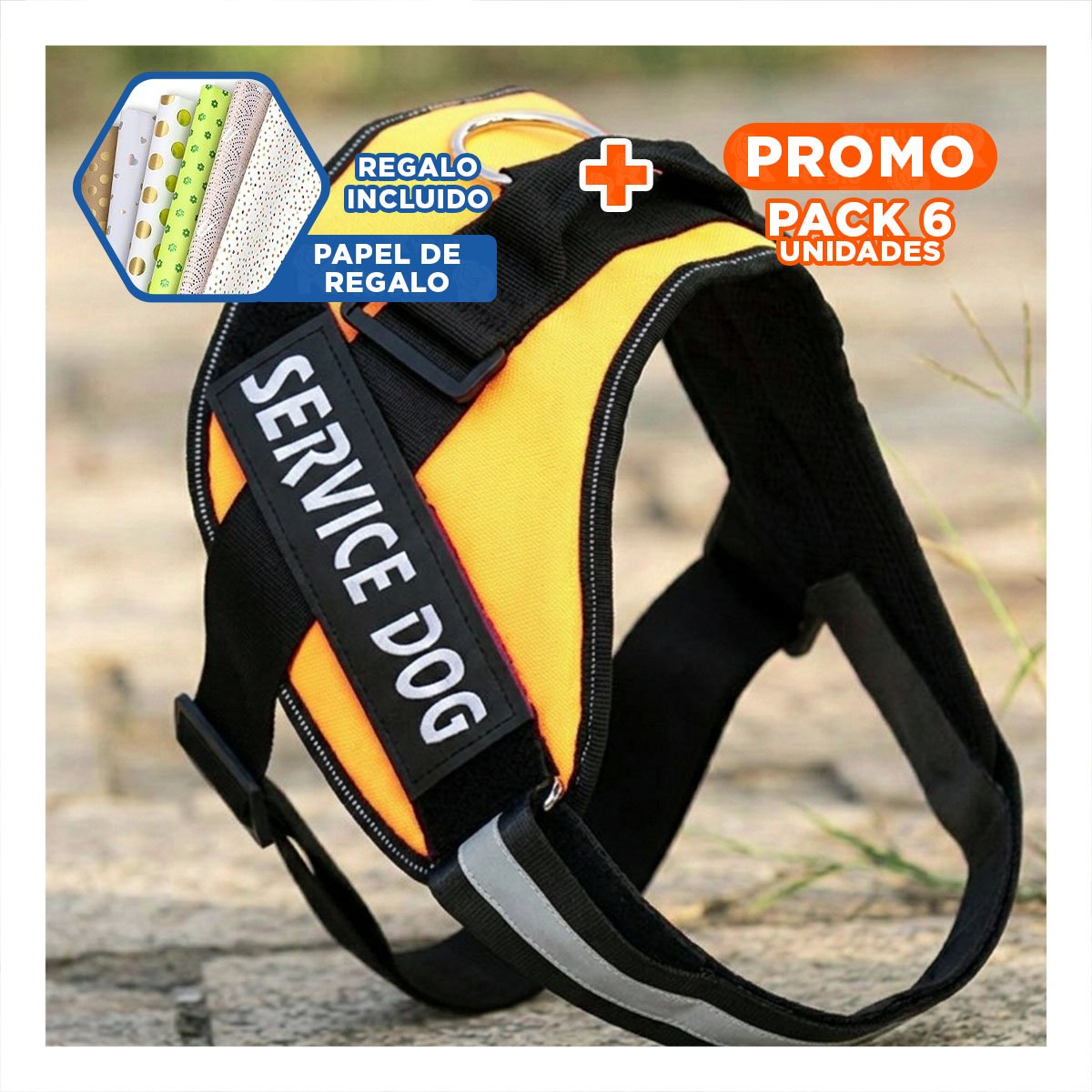 PACK6 ARNES DE PASEO SERVICE DOG TALLA XXL AMARILLO MASCOTA URBANA Y+PAPEL REGALO - 1
