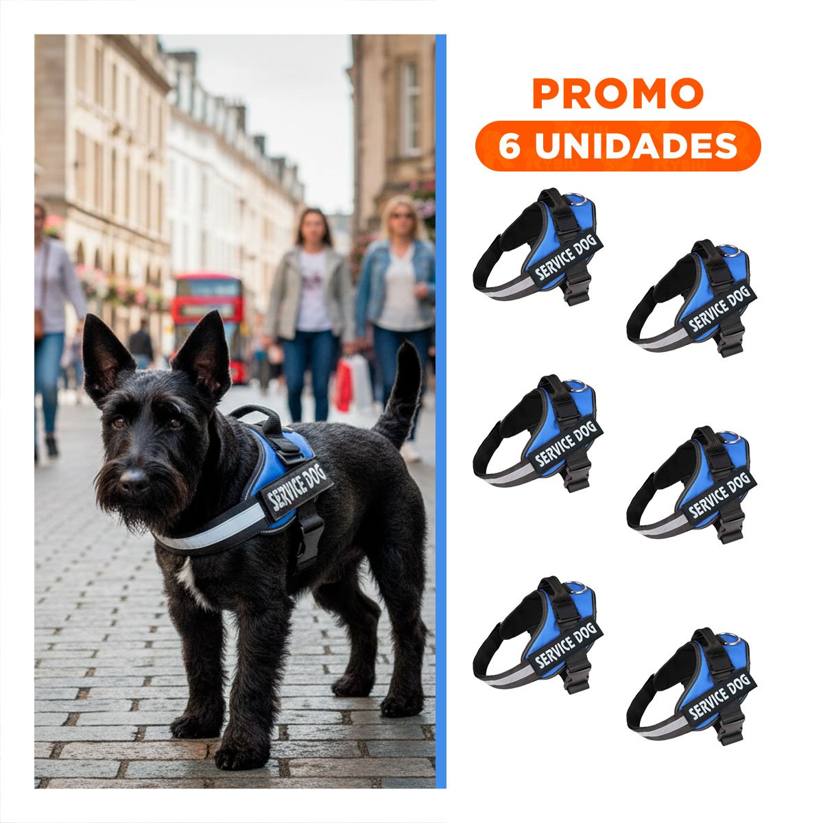 PACK6 CORREA AJUSTABLE SERVICE DOG TALLA S AZUL PARA PASEO DIARIO - 1