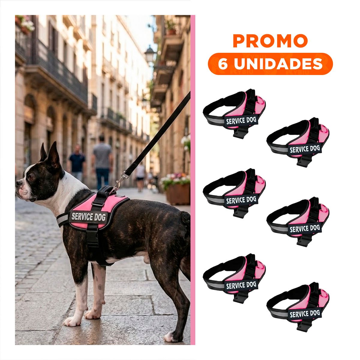 PACK6 CORREA AJUSTABLE SERVICE DOG TALLA S ROSADO PASEO DIARIO - 1