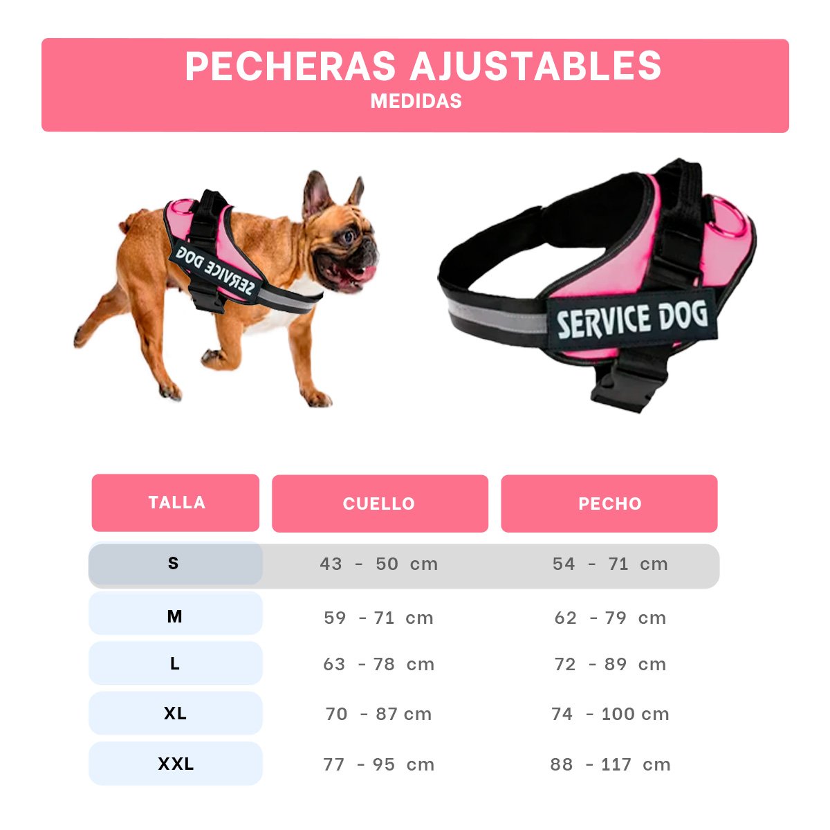 PACK6 CORREA AJUSTABLE SERVICE DOG TALLA S ROSADO PASEO DIARIO - 4
