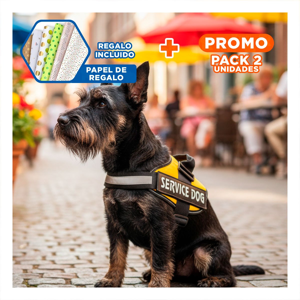 PACK2 CORREA PECHERA SERVICE DOG TALLA S AMARILLO COMODO Y+PAPEL REGALO - 1