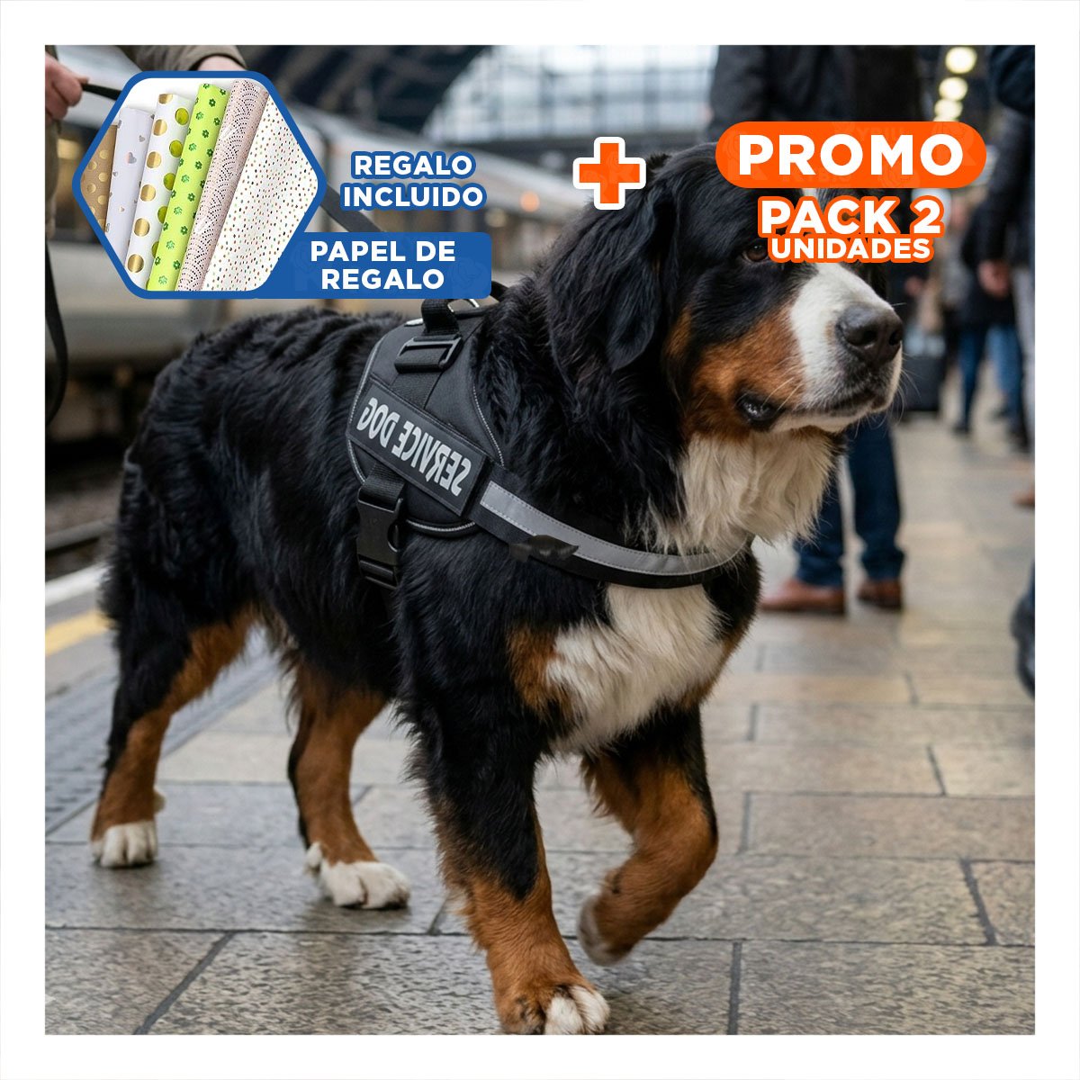 PACK2 CHALECO CANINO SERVICE DOG TALLA XL NEGRO PARA APOYO Y+PAPEL REGALO - 1
