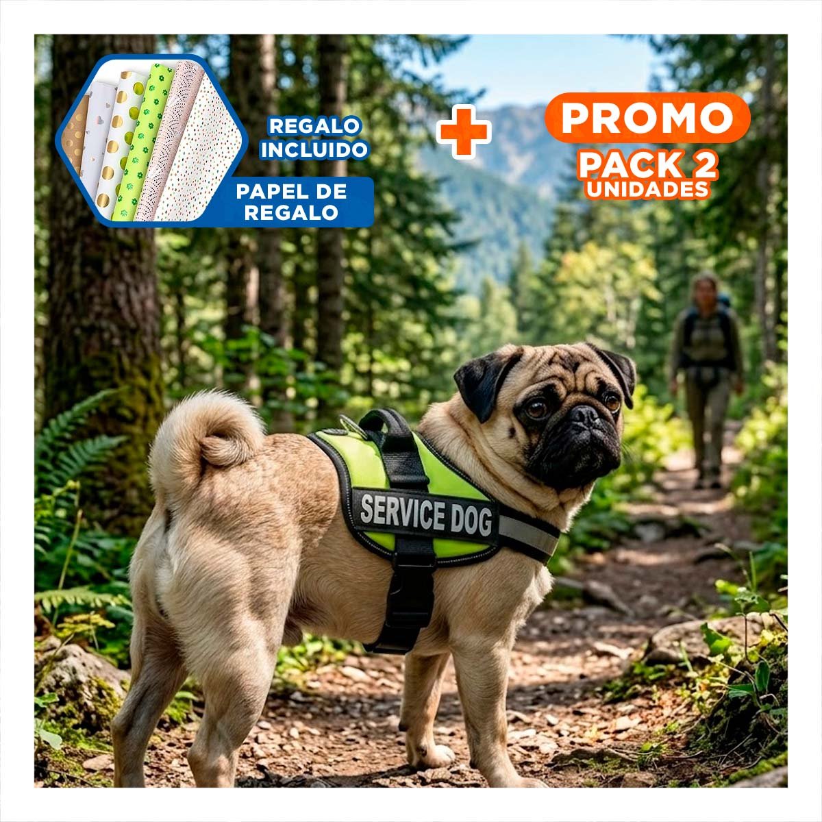 PACK2 CHALECO CANINO SERVICE DOG TALLA S VERDE PARA APOYO Y+PAPEL REGALO - 1