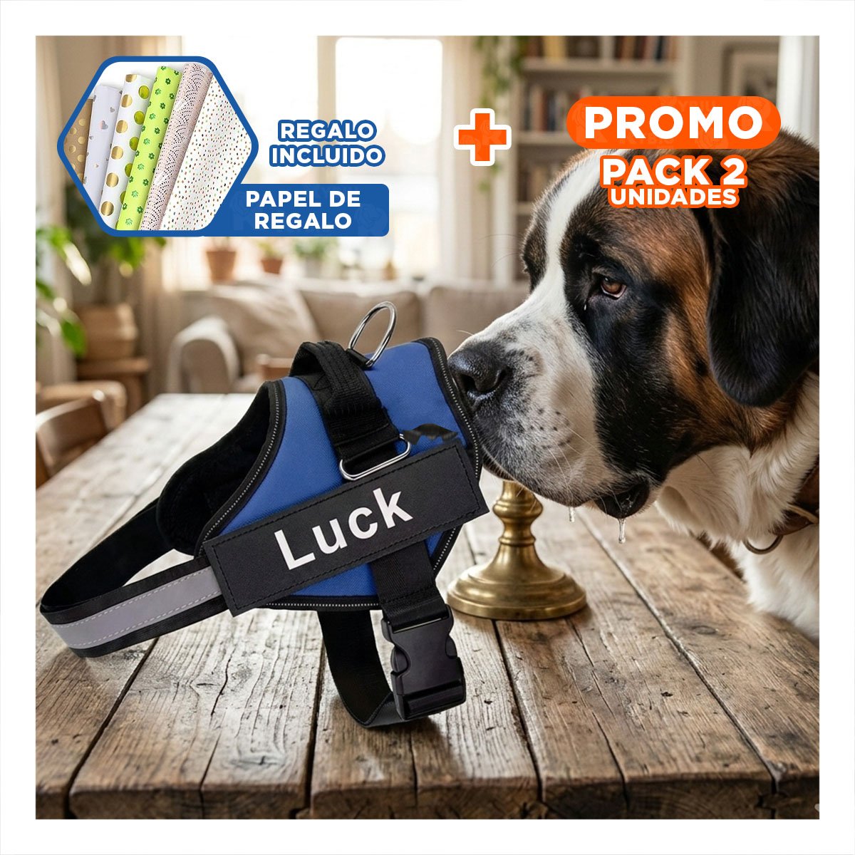 PACK2 CHALECO CANINO SERVICE DOG TALLA XL AZUL PARA APOYO Y+PAPEL REGALO - 1
