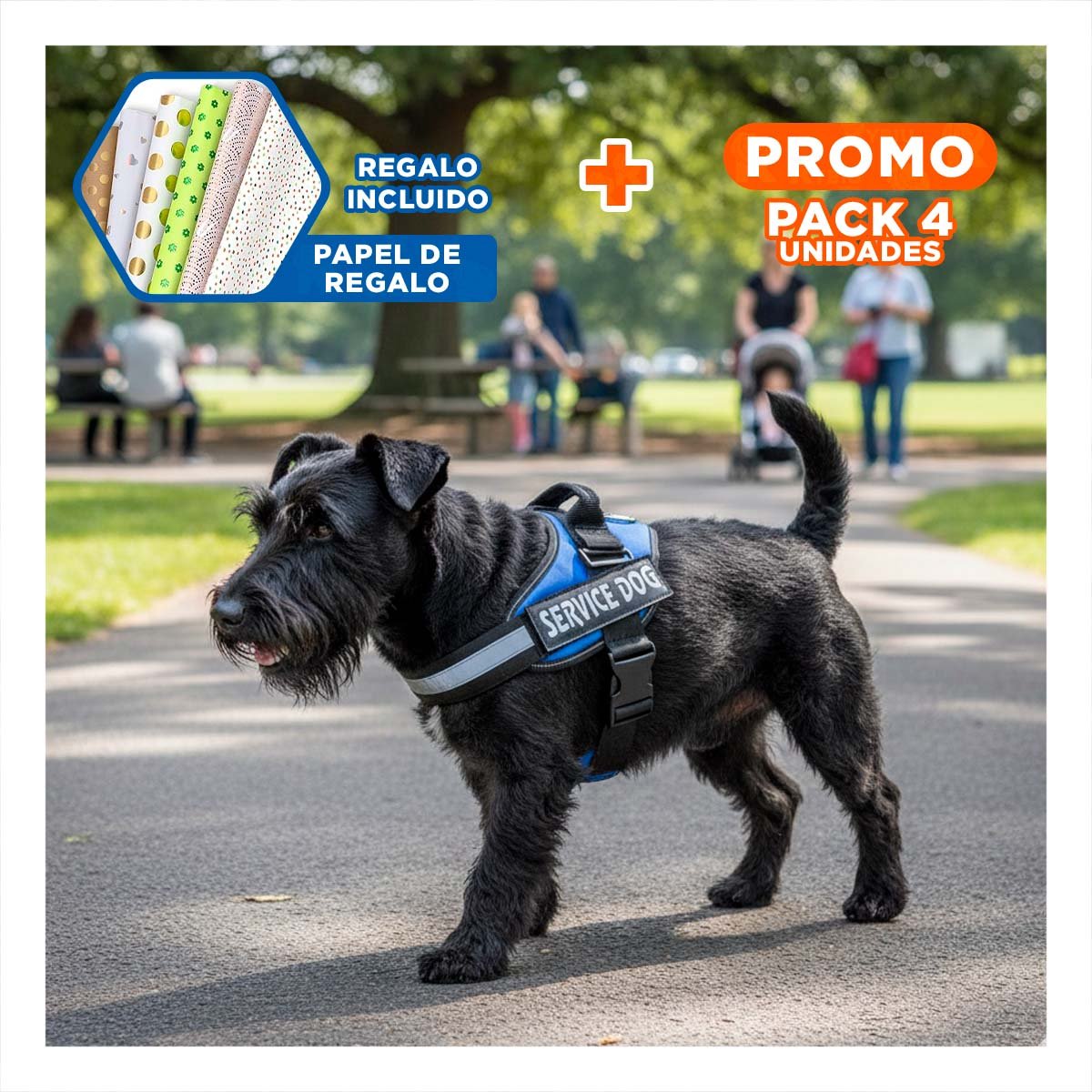 PACK4 EQUIPO AJUSTABLE SERVICE DOG TALLA S AZUL PARA PERRO PEQUENO Y+PAPEL REGALO - 1