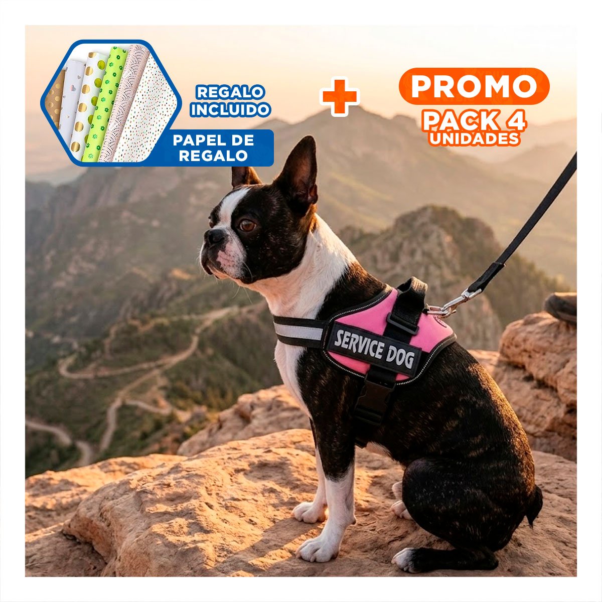 PACK4 EQUIPO AJUSTABLE SERVICE DOG TALLA S ROSADO MASCOTA ACTIVA Y+PAPEL REGALO - 1