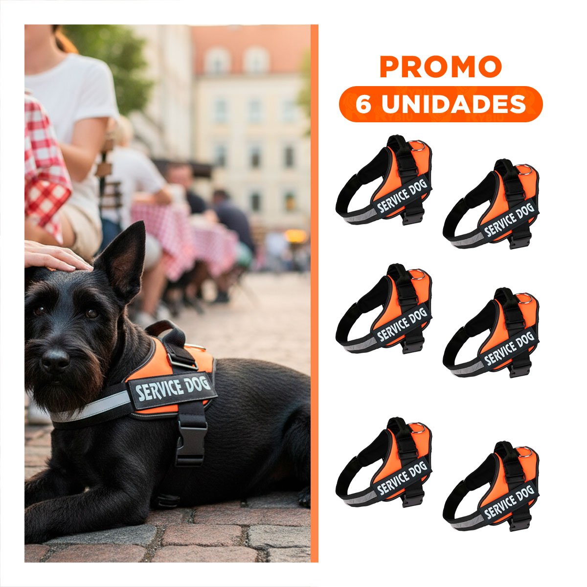 PACK6 CORREA AJUSTABLE SERVICE DOG TALLA S ANARANJADO PASEO DIARIO - 1