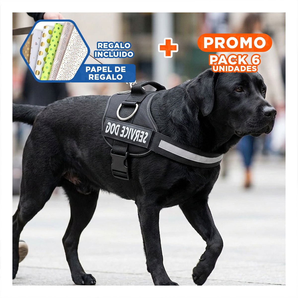 PACK6 ARNES DE PASEO SERVICE DOG TALLA XL NEGRO MASCOTA URBANA Y+PAPEL REGALO - 1