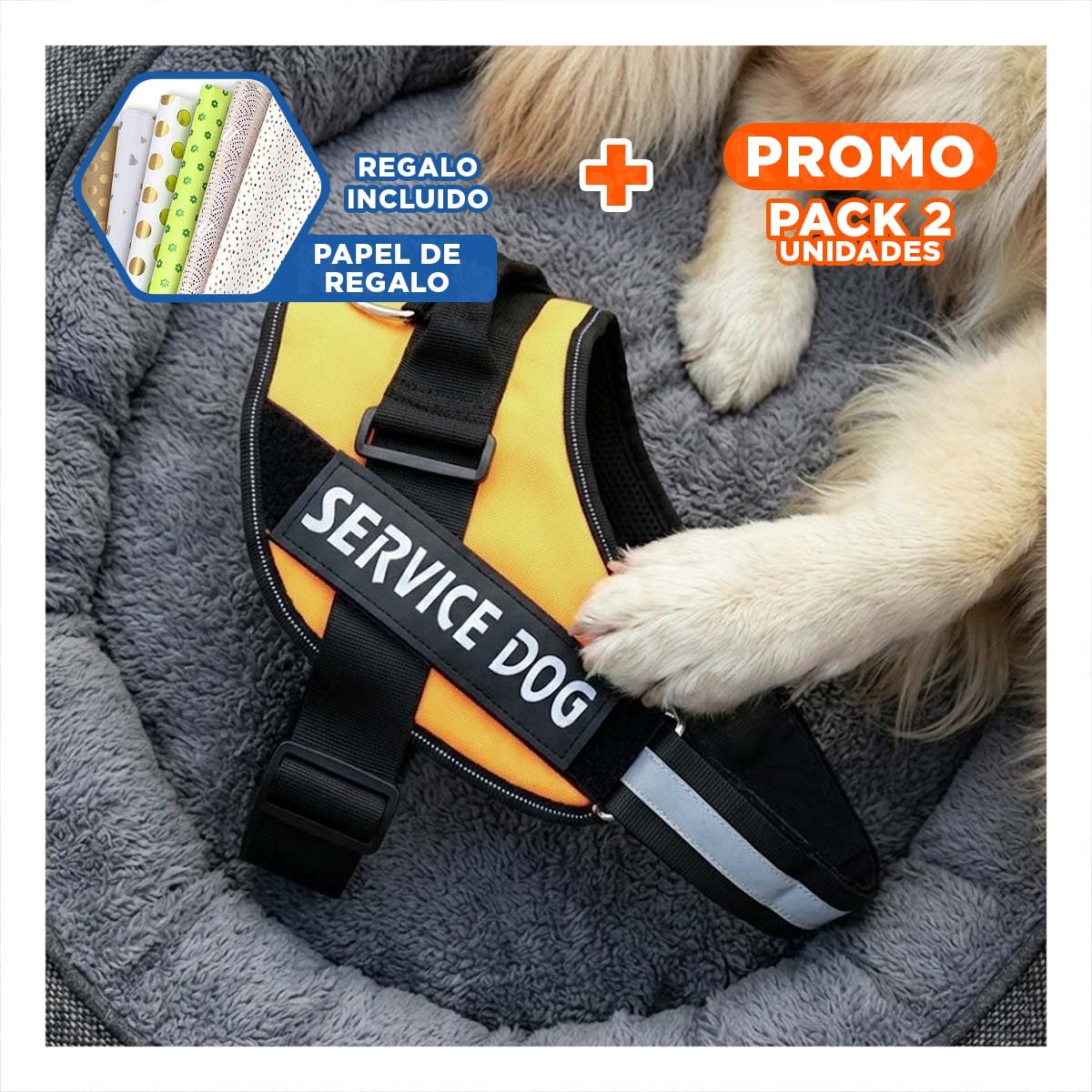 PACK2 CHALECO CANINO SERVICE DOG TALLA XXL AMARILLO PARA APOYO Y+PAPEL REGALO - 1