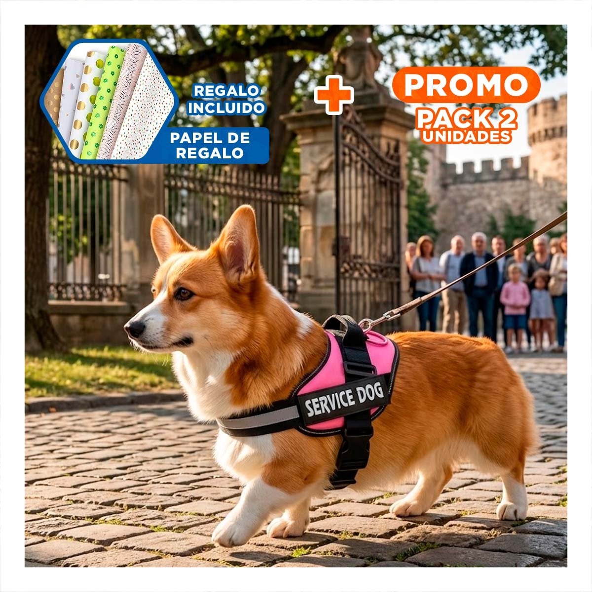 PACK2 CHALECO CANINO SERVICE DOG TALLA S ROSADO PARA APOYO Y+PAPEL REGALO - 1