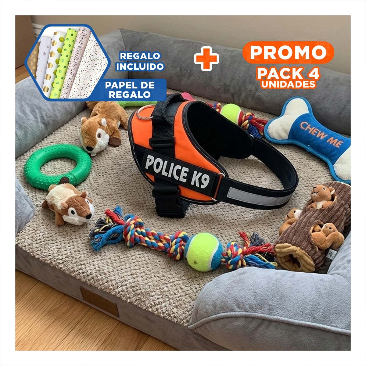 PACK4 EQUIPO AJUSTABLE SERVICE DOG TALLA XXL ANARANJADO MASCOTA ACTIVA Y+PAPEL REGALO - 1